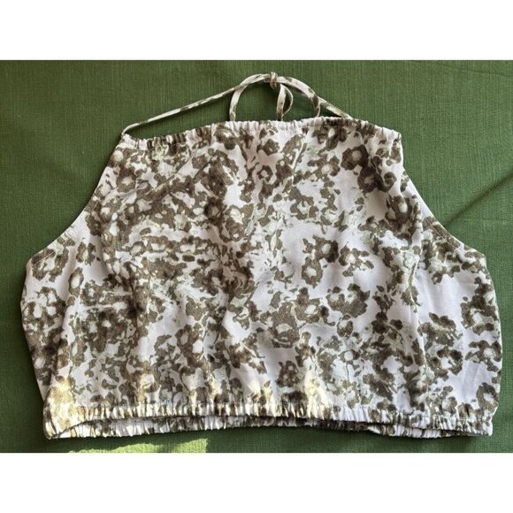 OPEN EDIT Olive Blue Cosmic Floral Halter Top Size L Tie Cropped NWT - Picture 1 of 4
